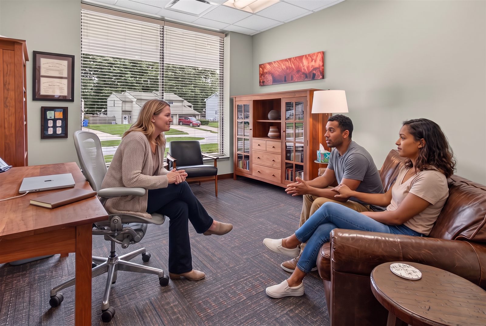 A session at Genesis: a couple on the couch, their counselor across from them