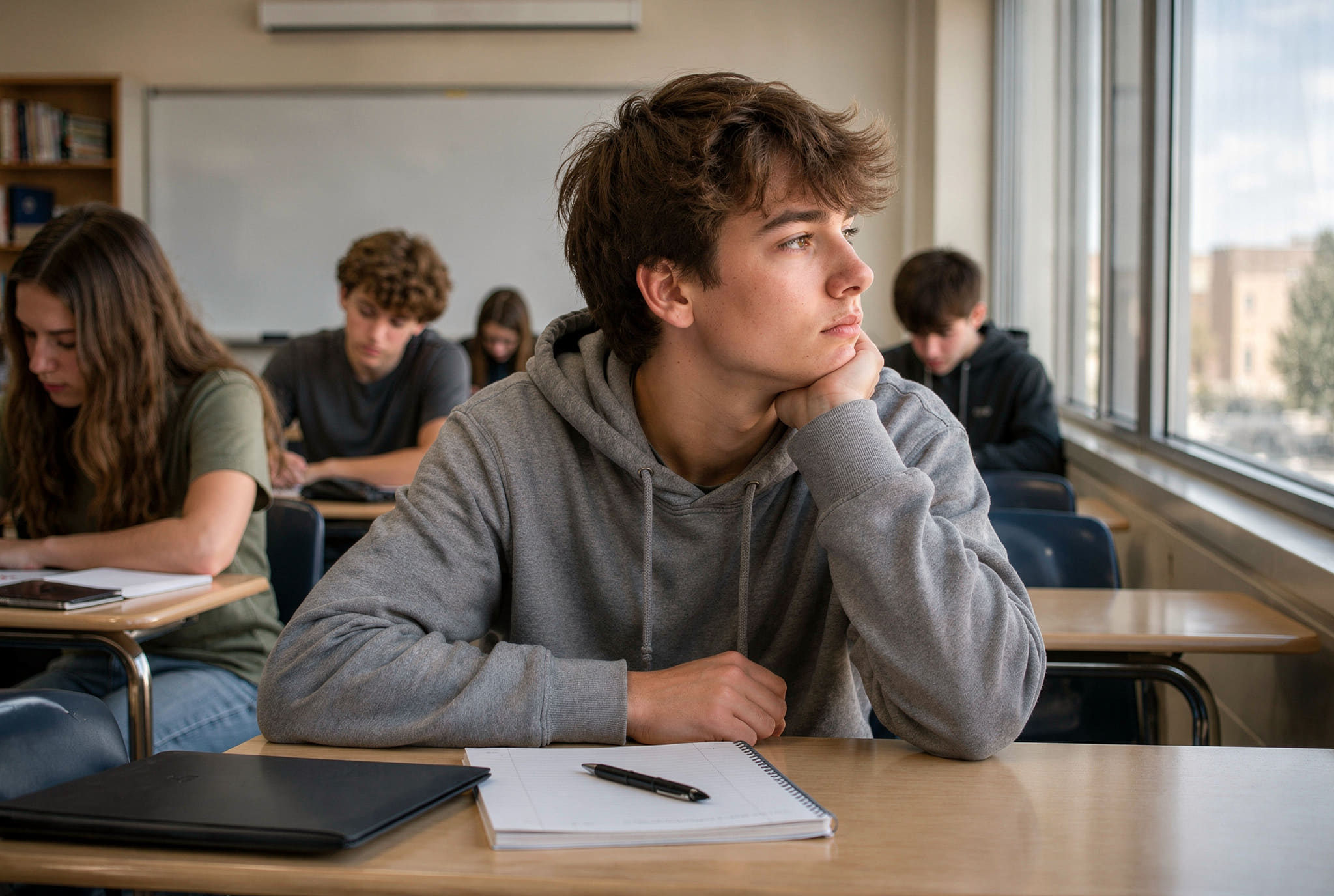 A teenager at his desk in a classroom, looking out of the window