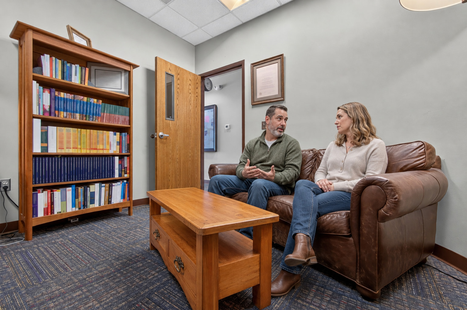 A couple on the sofa in a Genesis counseling room, turned toward each other