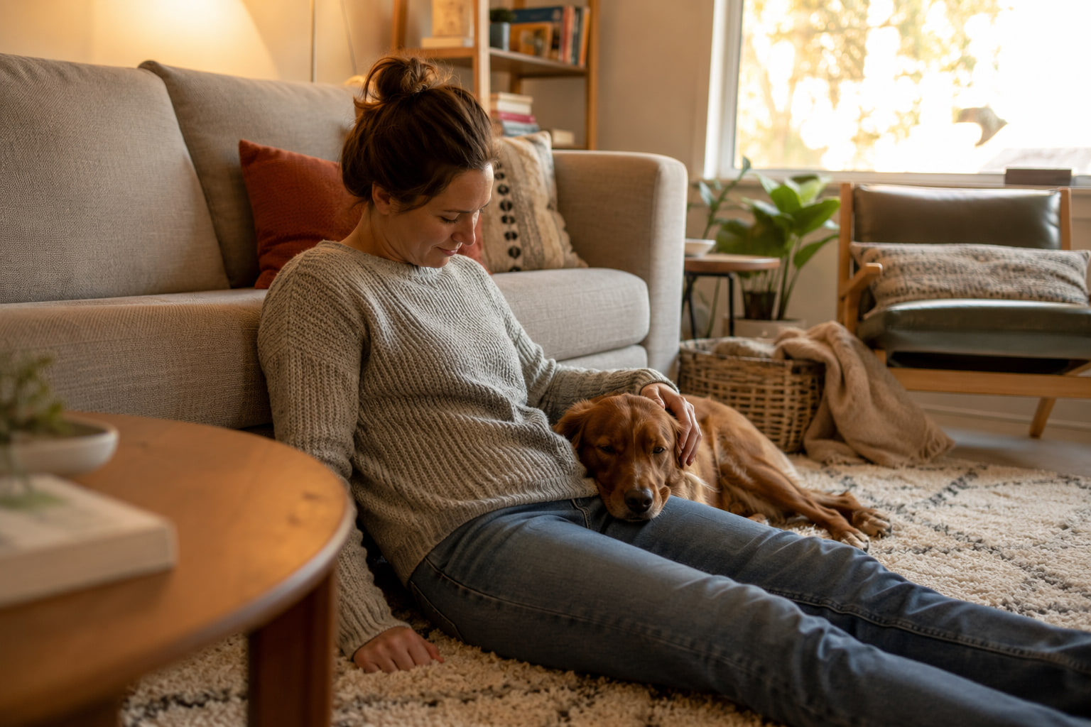 A woman sitting on the floor at home with her dog