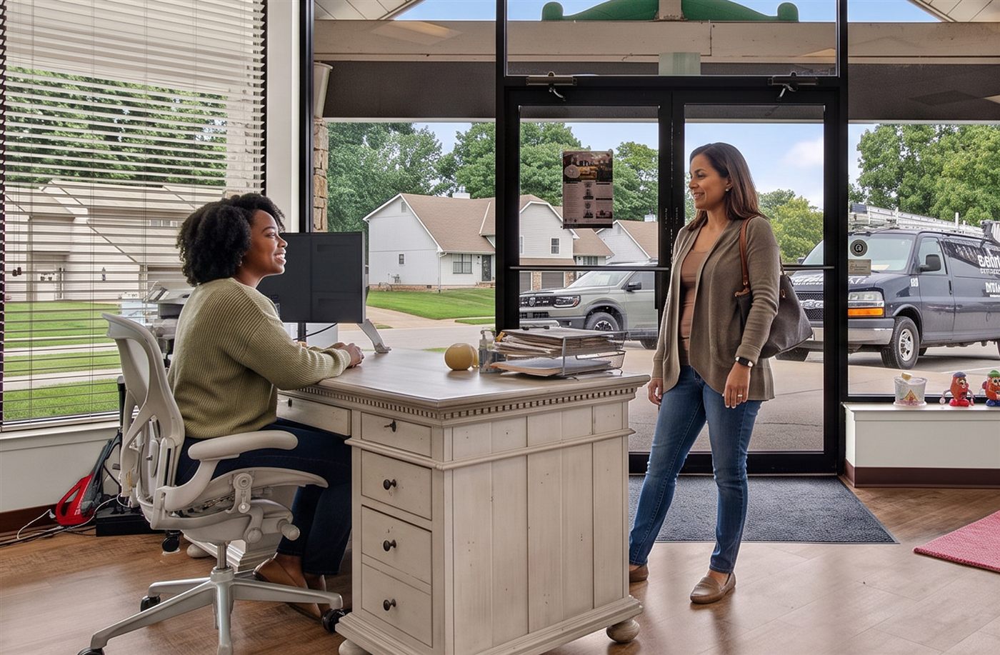 A client arriving at the Genesis front desk