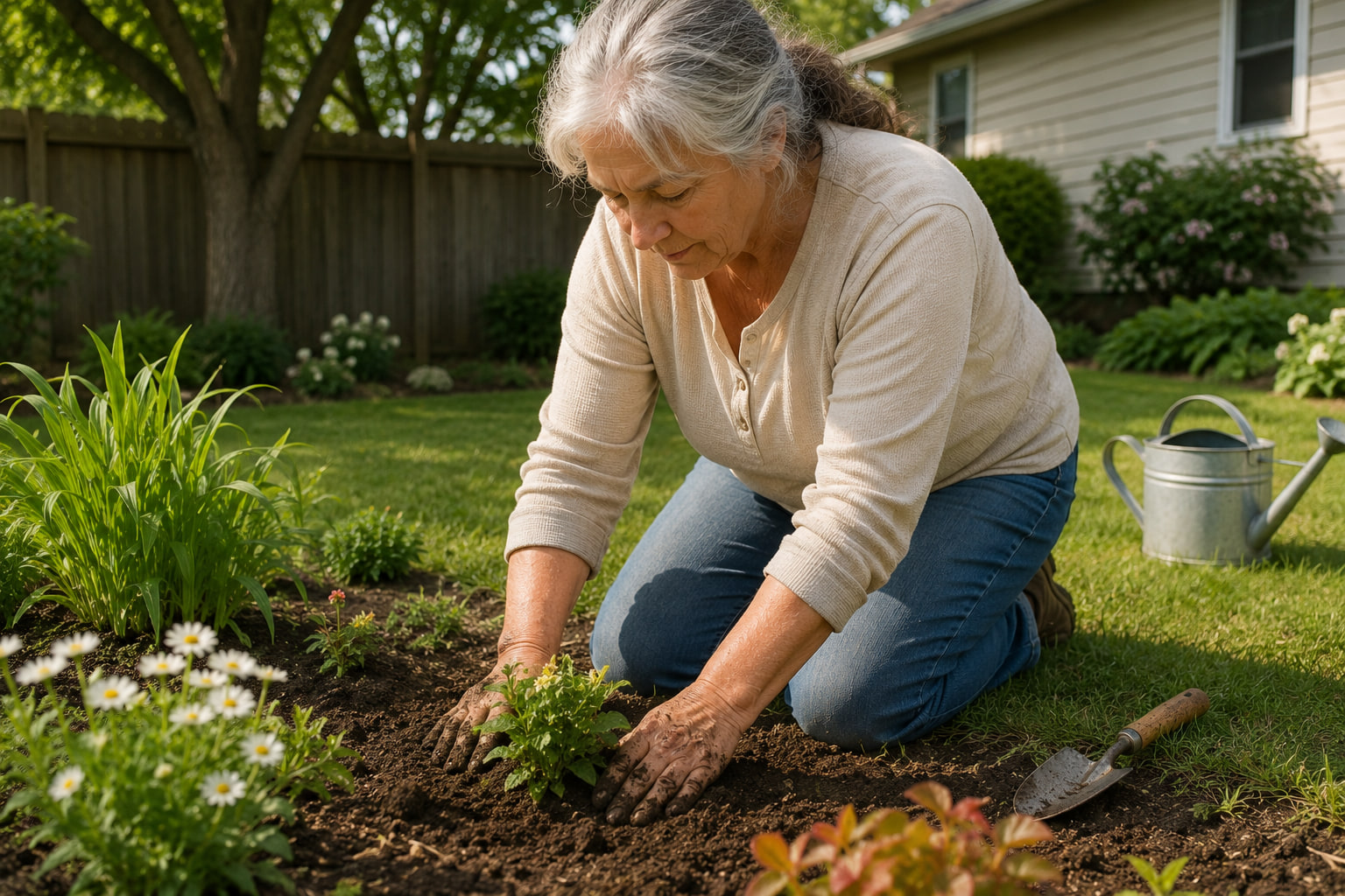 A woman planting in her garden