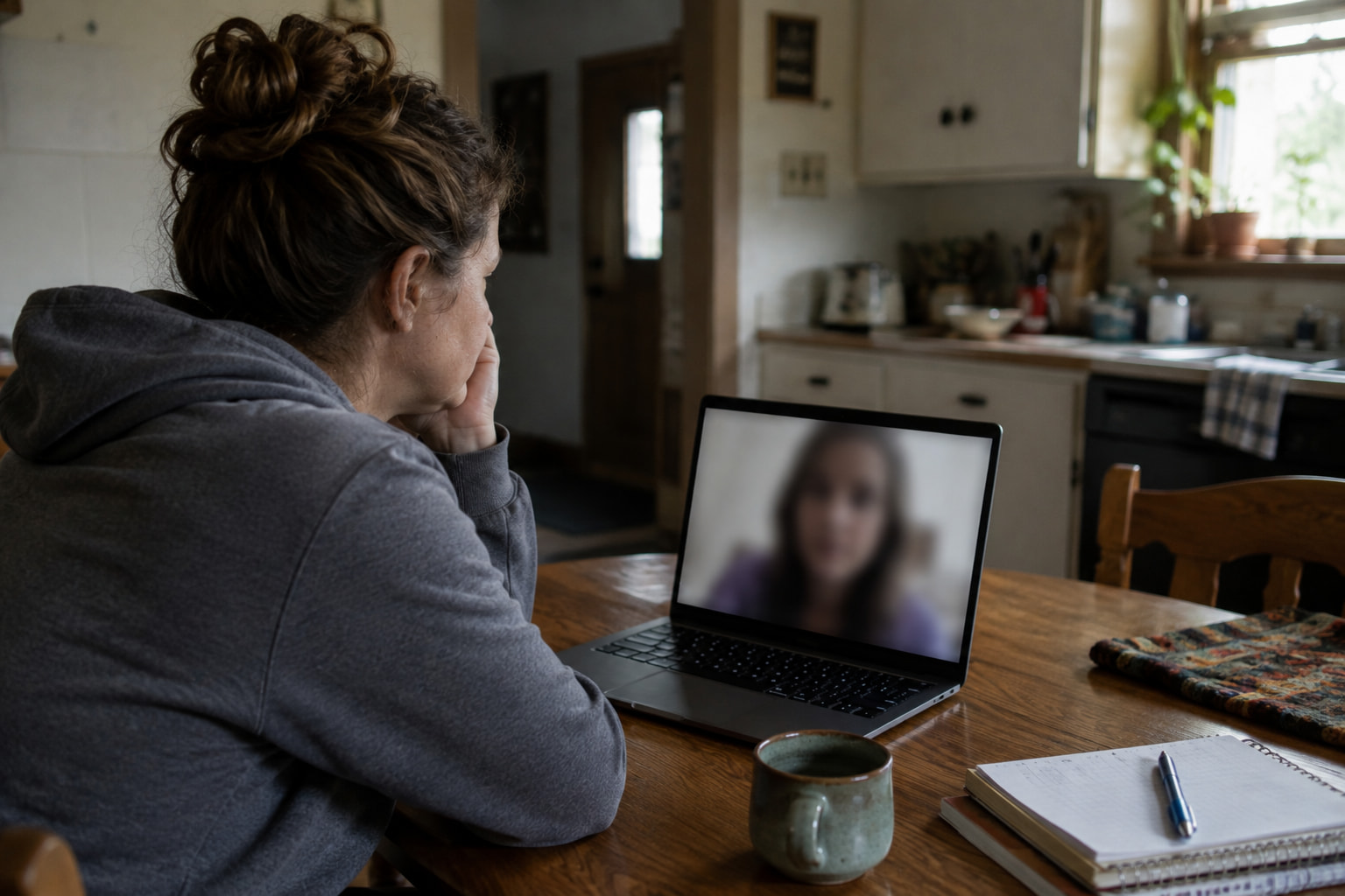 A woman at her own kitchen table, in session with her counselor by video