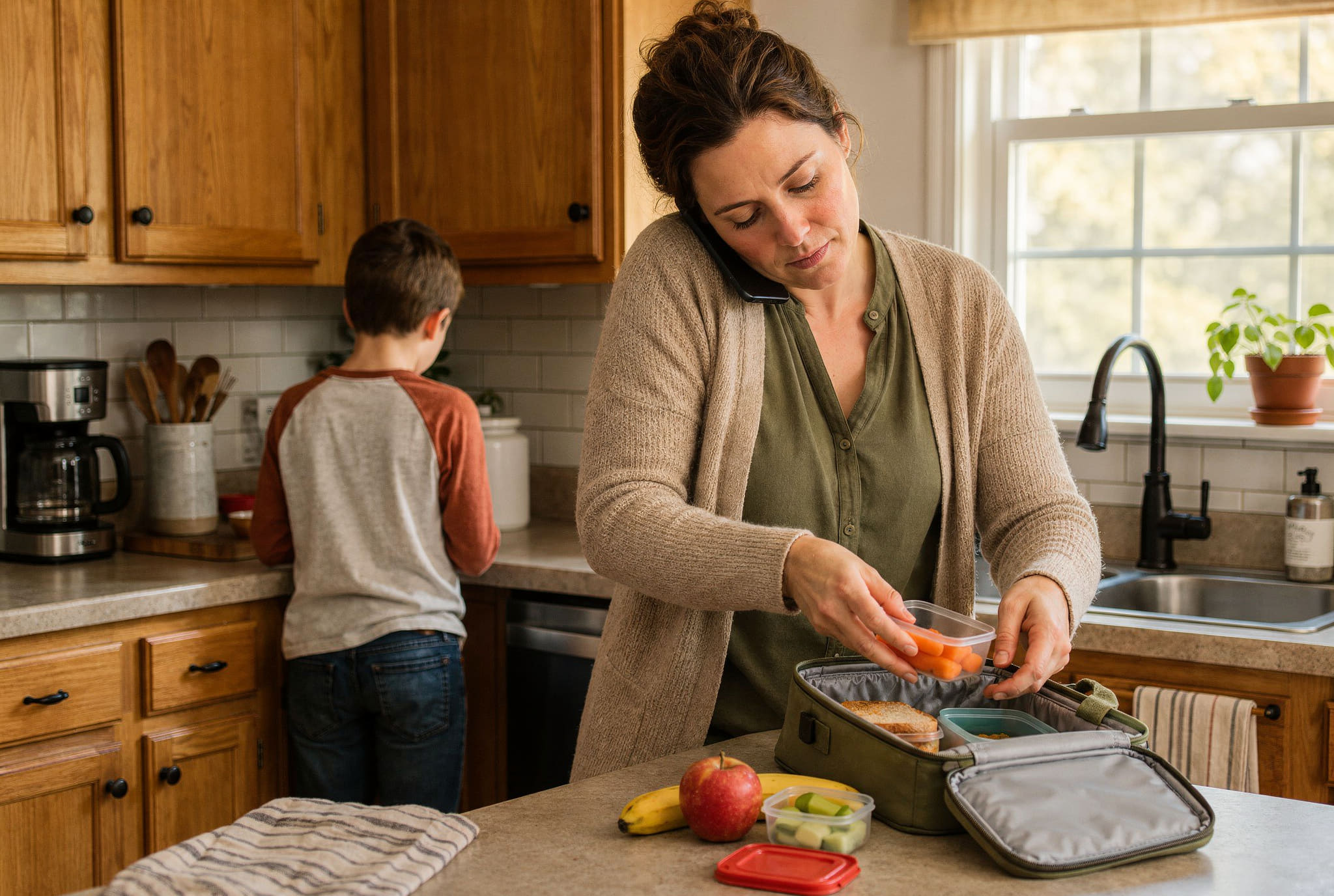 A woman packing a school lunch in her kitchen in the morning