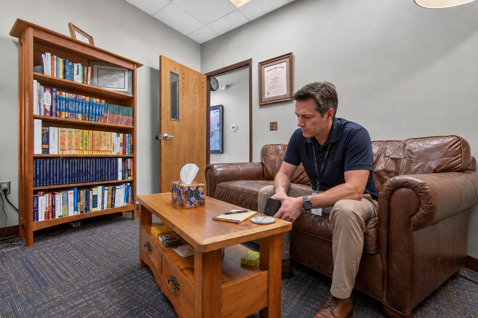A man on the edge of the sofa in a Genesis counseling room, still in his work clothes
