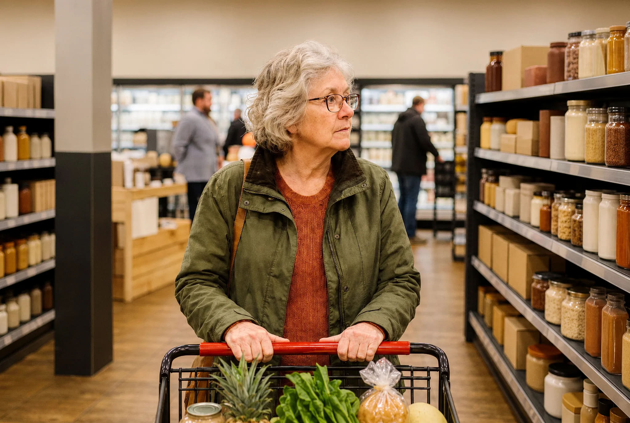 A woman stopped with her cart in a supermarket aisle