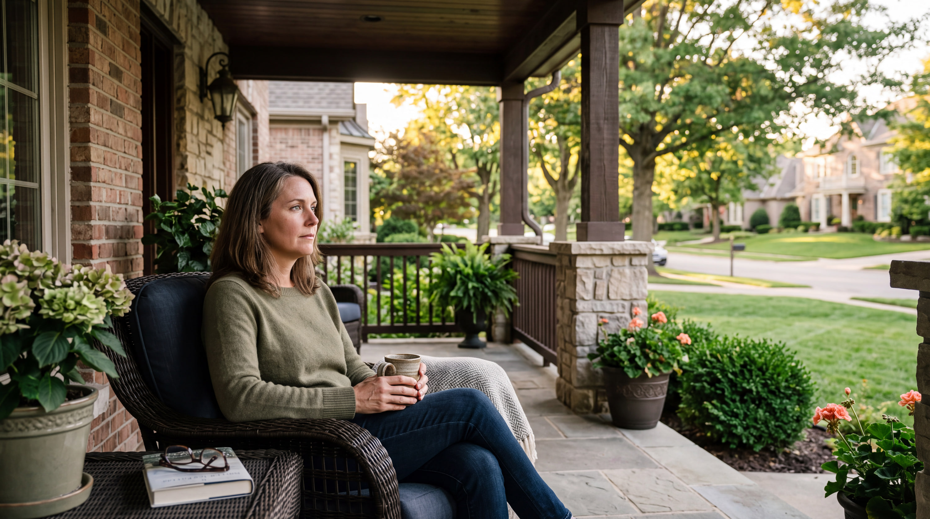 A woman sitting on her own front porch in the evening