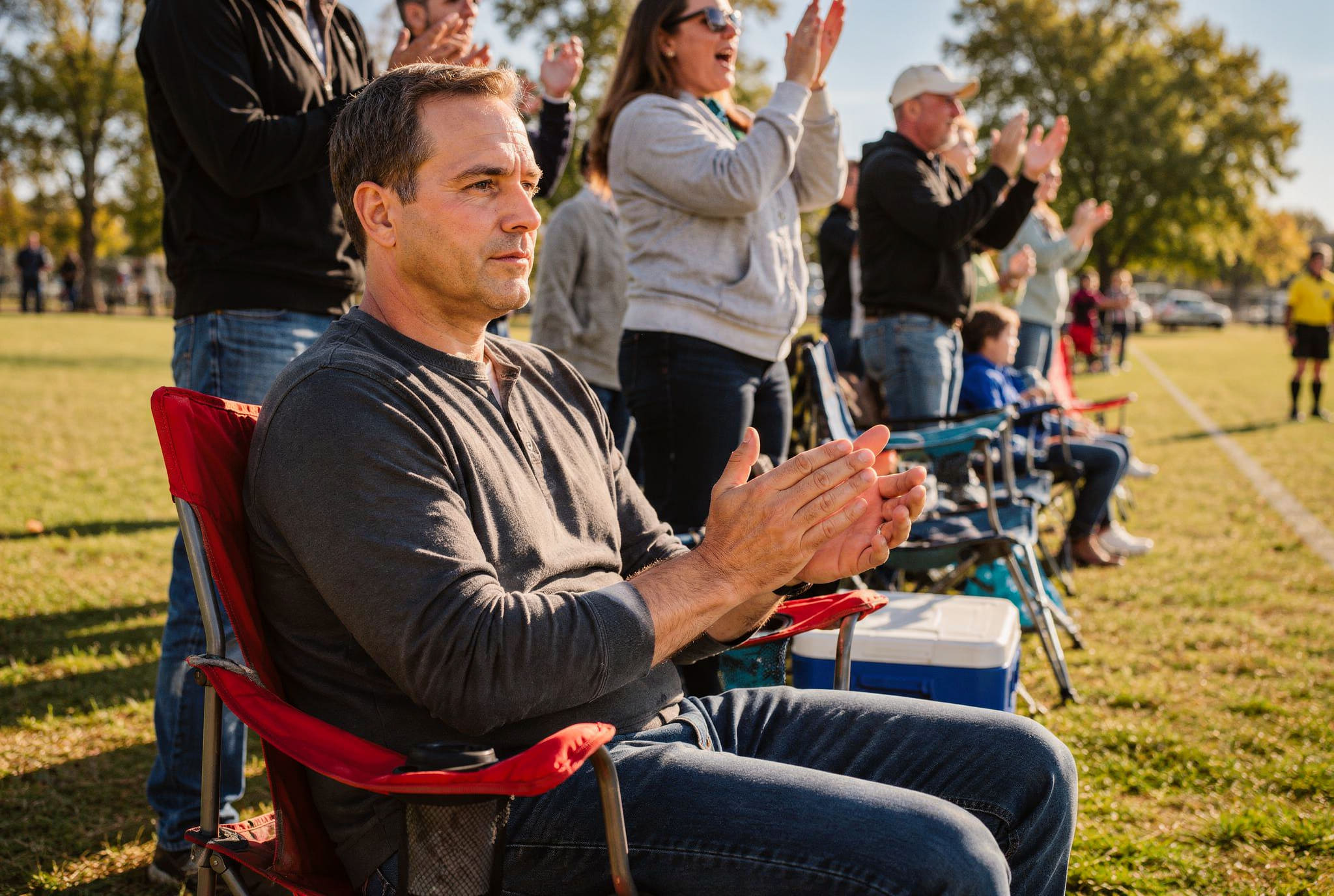 A man seated on the sideline of a childrens game while the parents around him stand and cheer