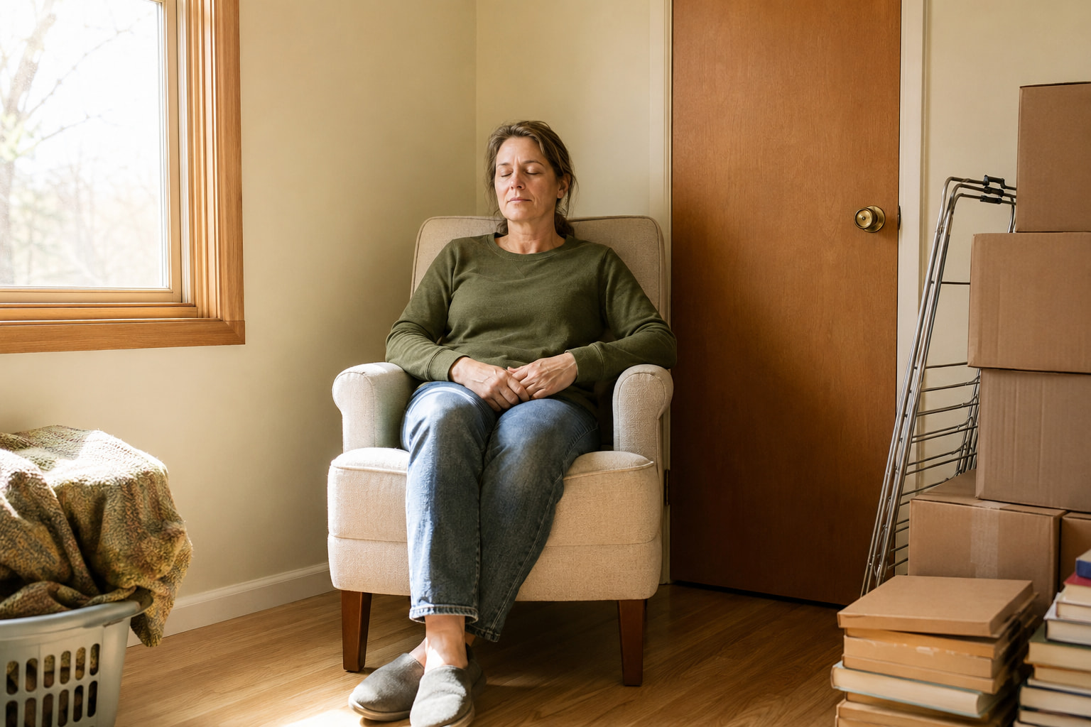 A woman sitting quietly in a spare room at home