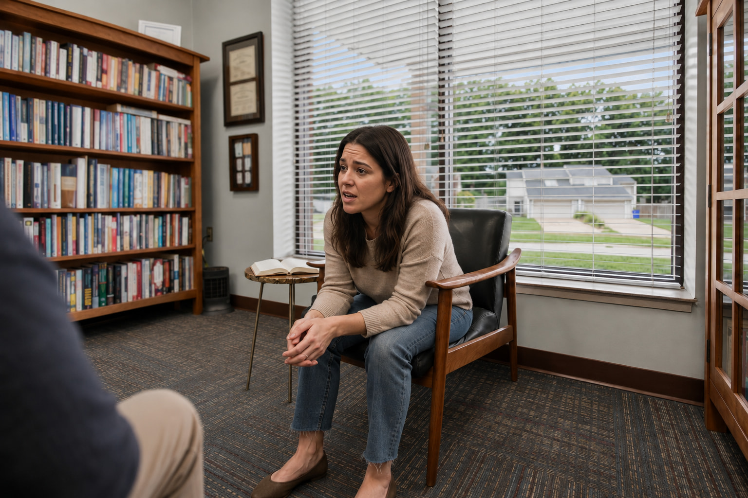 A client in the chair by the window, mid-conversation