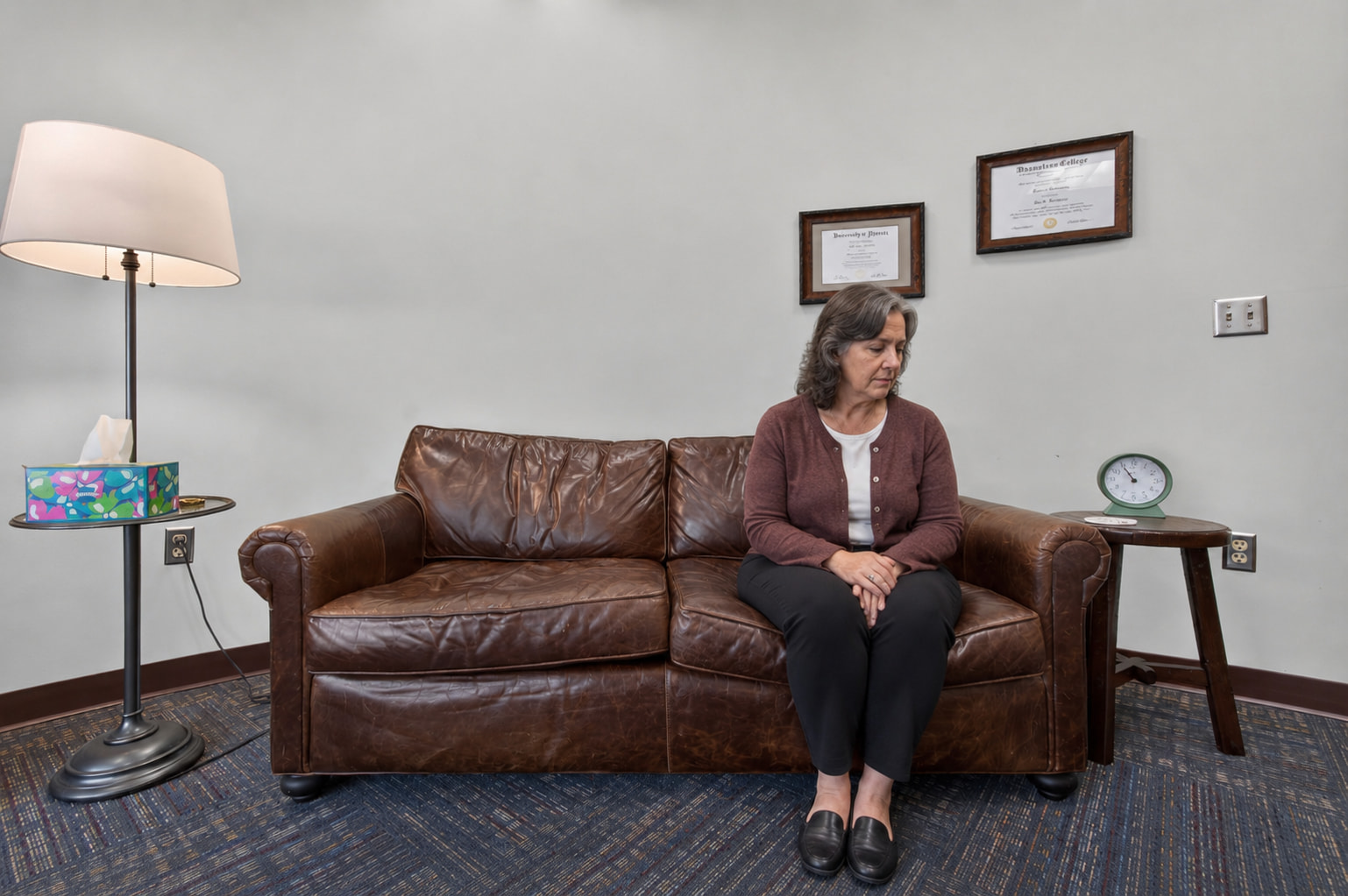 A woman sitting alone on the loveseat in a Genesis counseling room